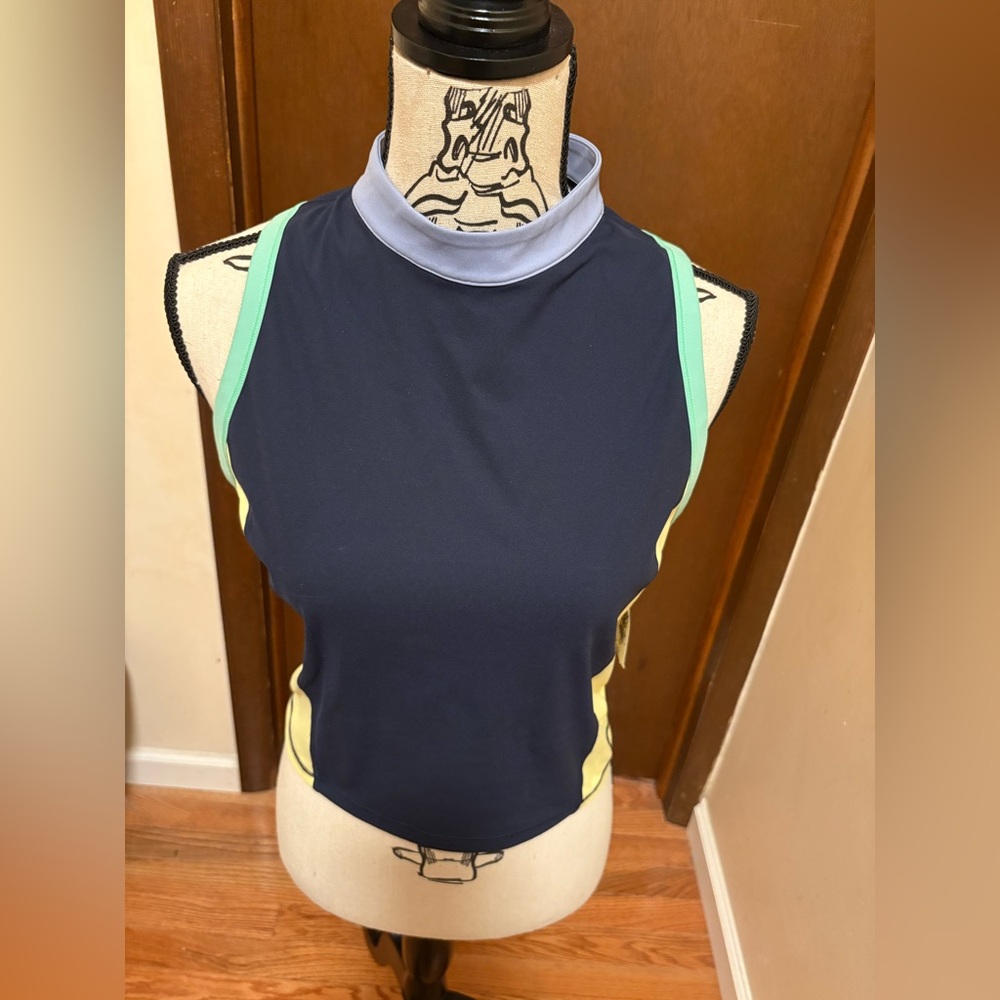 NWT, SWEATY BETTY POWER ZIP BACK WORKOUT NAVY BLUE CROP TOP